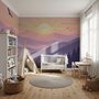 Stag mountain wallpaper with a navy deer silhouette, lavender pine ridges and a pale golden sun