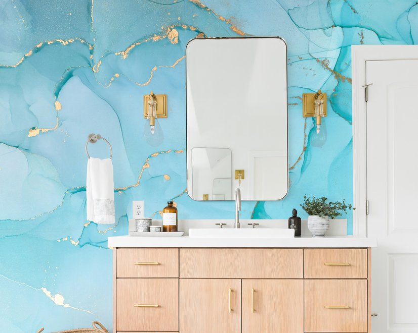 Light Blue Marble with Gold Look Splash Wallpaper Mural