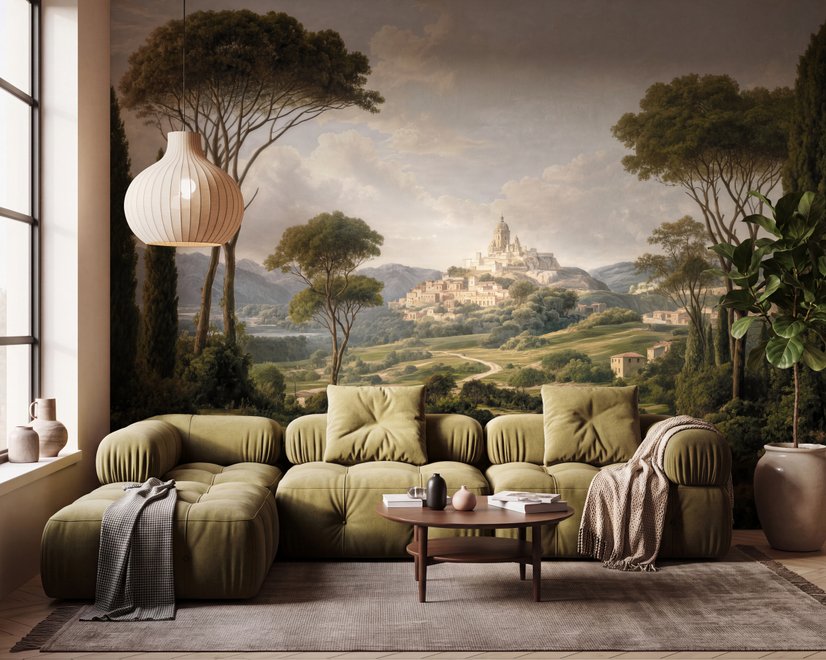 Vintage oil painting wallpaper of cypress trees, villas and a domed cathedral in an Italian landscape