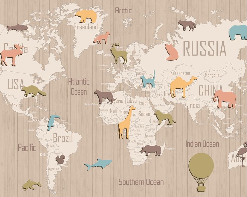 Kids Wooden Style World Map with Colorful Animal Silhouette Wallpaper Mural
