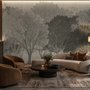 Light gray wallpaper mural with layered ink-wash woodland trees, falling leaves and birds