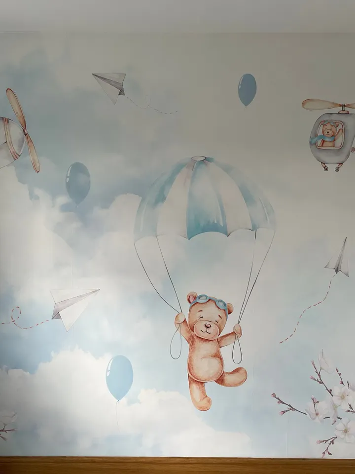 Cute Bear Flying with Paper Planes Wallpaper Mural