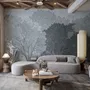 Light gray wallpaper mural with misty forest trees, falling leaves and birds
