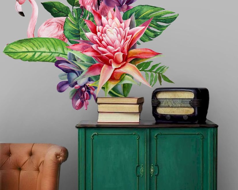 Tropical Protea Floral with Flamingo Wall Decal Sticker