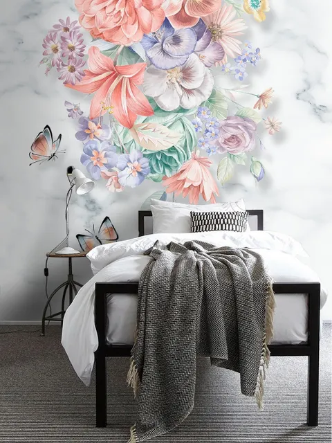 Boho Floral Bouqet with Marble Pattern Wallpaper Mural