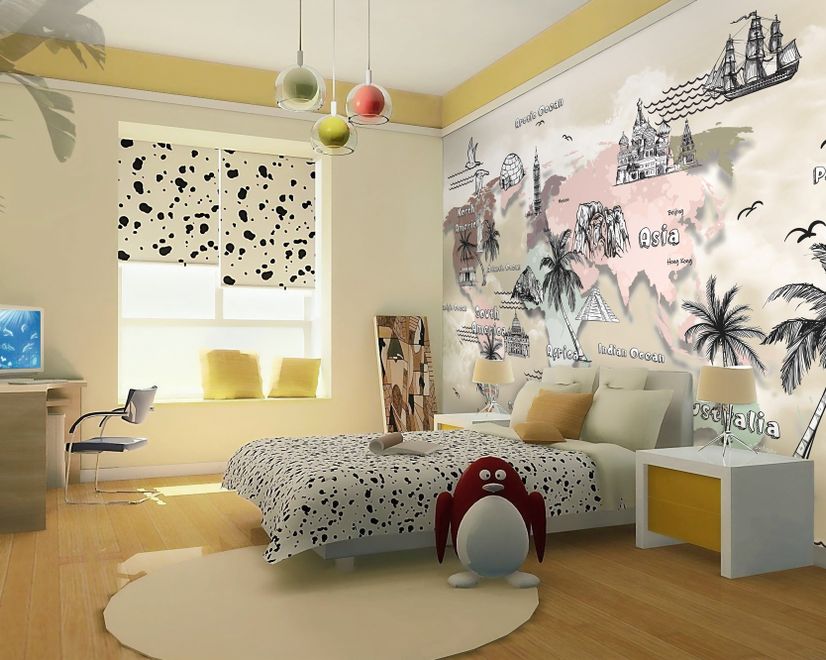 Kids World Map with Charcoal Famous Landmarks Wallpaper Mural