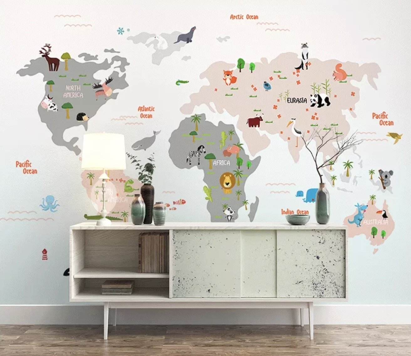 Colorful Kids World Map with Cartoon Animals Wallpaper Mural - Peel and Stick