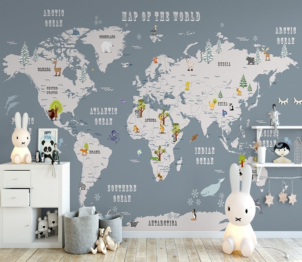 Kids Boys Kids World Map with Animals Wallpaper Mural - Peel and Stick