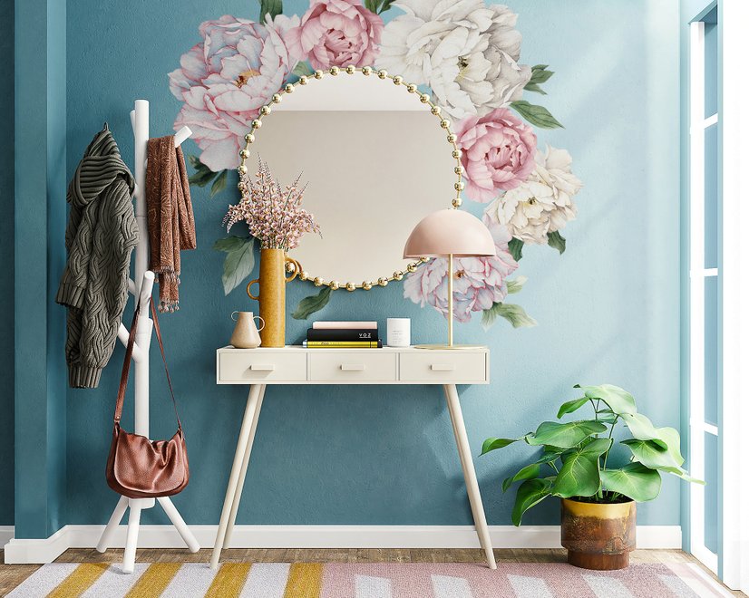 Stickers muraux bouquet floral de pivoine rose et bleue