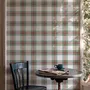 Sage green and cream-white tartan plaid wallpaper with deep red stripes and woven thread texture