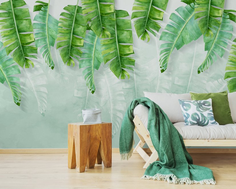 Papier peint panoramique feuilles tropicales et ombres