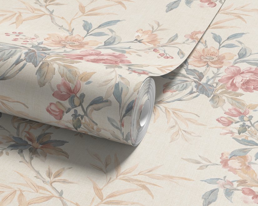 Pink chinoiserie wallpaper with watercolor flowers, blue-grey leaves and red berries on a cream linen-texture ground