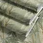 Light green and blue wallpaper with painted sage bamboo canes, olive leaves and pale celadon foliage ground
