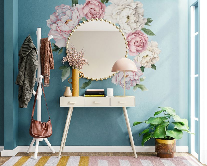Blue Pink Peony Floral Bouqet Wall Decal Sticker