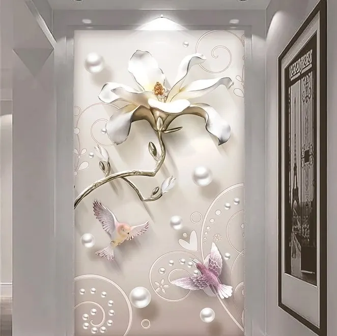 Papier peint panoramique fleurs de luxe avec perles effet 3D