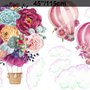 Colorful Floral Bouqet Hot Air Balloon and Pink Clouds Wall Decal Sticker