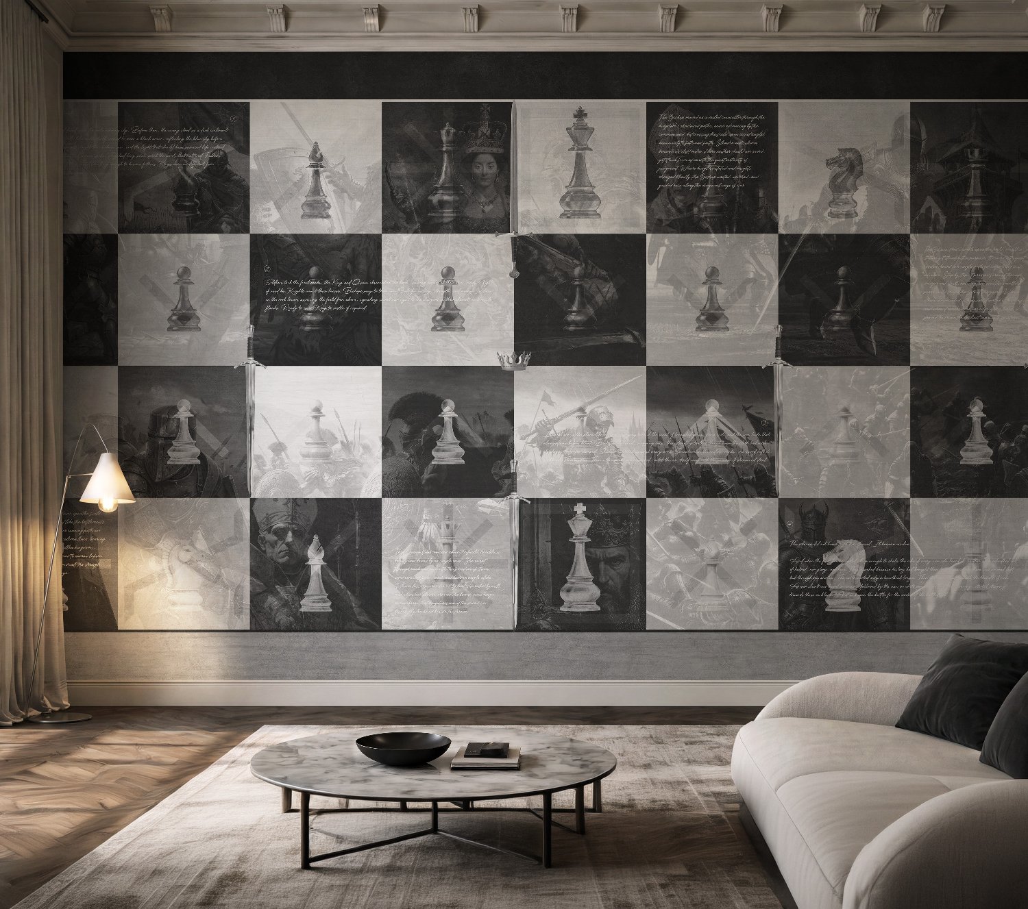 Monochrome Medieval Chessboard Historical Wallpaper Mural - Peel and Stick