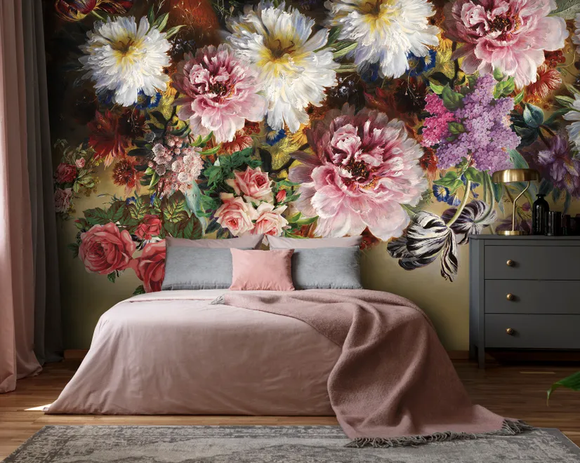 Papier peint panoramique rétro de fleurs colorées