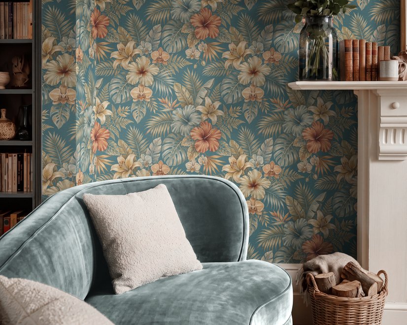Blue tropical wallpaper with hibiscus, orchids, lilies, monstera leaves and palm fronds on a deep teal-blue ground