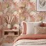 Pink tropical wallpaper with ivory fan palms, orchids, coral blossoms and sage foliage on dusty rose
