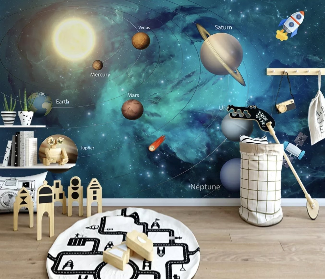 Solar System Planets and Sun Wallpaper Mural - Peel and Stick