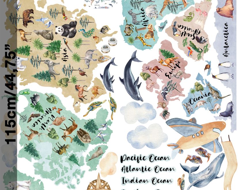 Kids Watercolor World Map Wall Decal Sticker