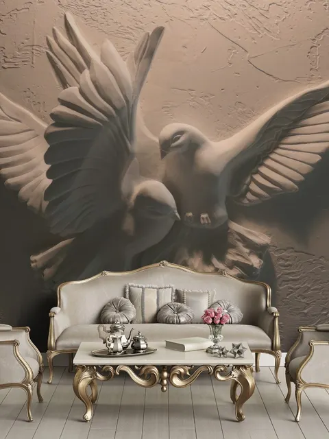 3D Embossed Look Cement Pigeons Wallpaper Mural
