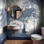 Blue forest background wallpaper mural with coastal trees, sea water and small white sailboats