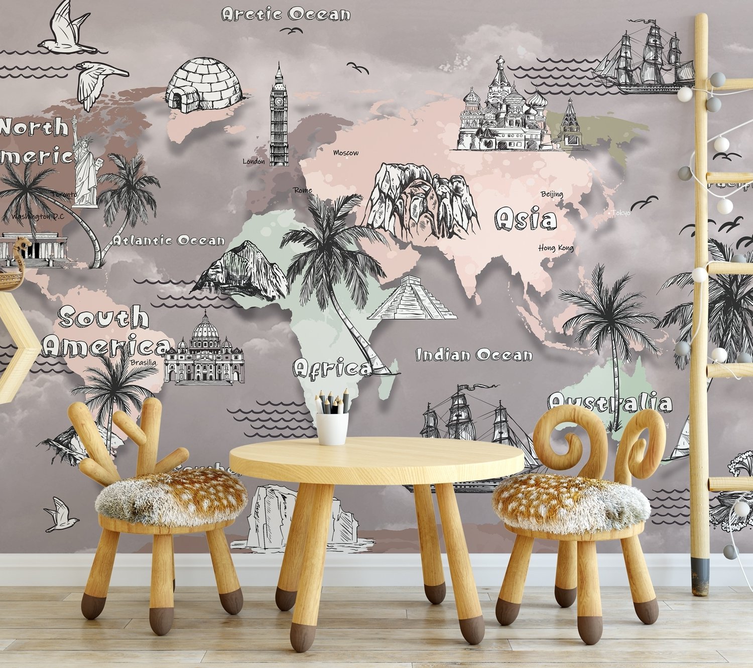 Kids World Map with Charcoal Famous Landmarks Wallpaper Mural - Peel and Stick