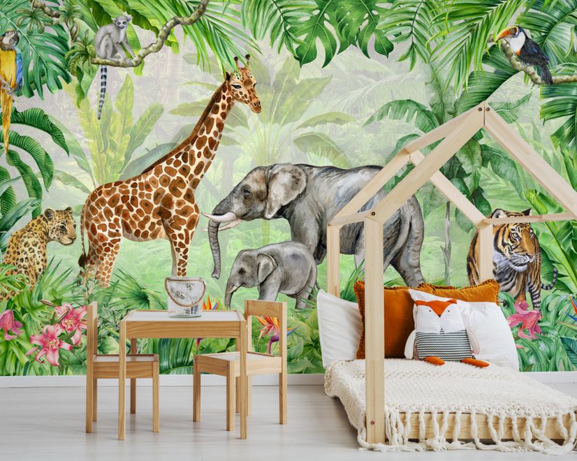 Kids Safari Watercolor Tropical  Forest Jungle Animals Wallpaper Mural