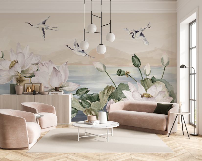 White Lotus Floral and Crane Birds Wallpaper Mural