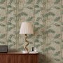 Vintage bamboo wallpaper with sage and smoky blue-green leaves on a warm taupe ground