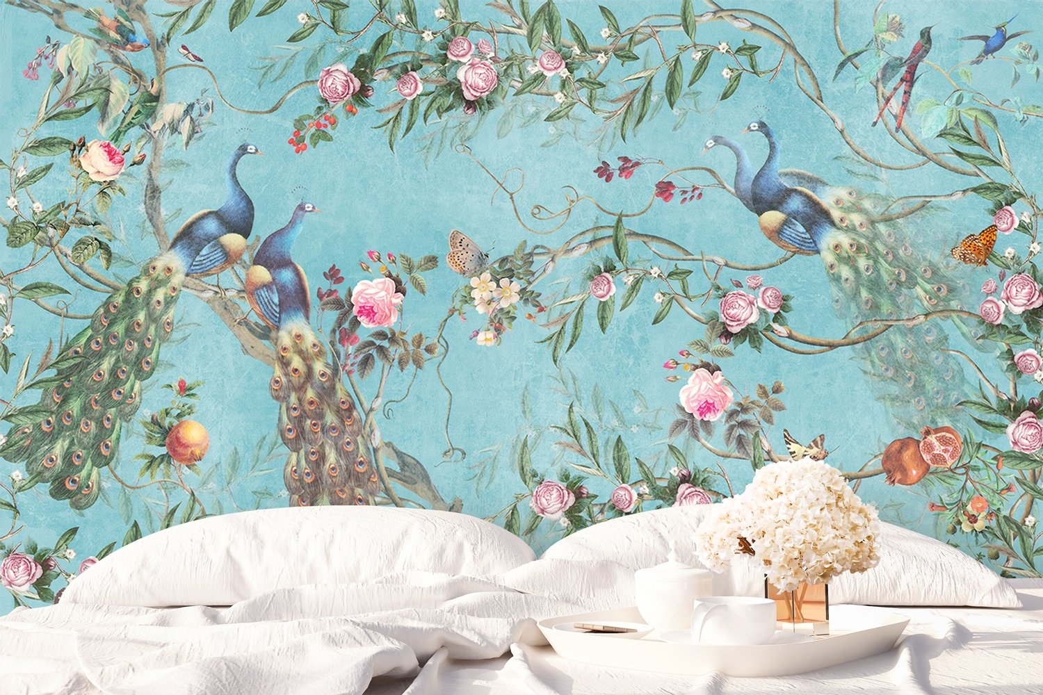 Peacock with Peony Blossom Wallpaper Mural - Peel and Stick