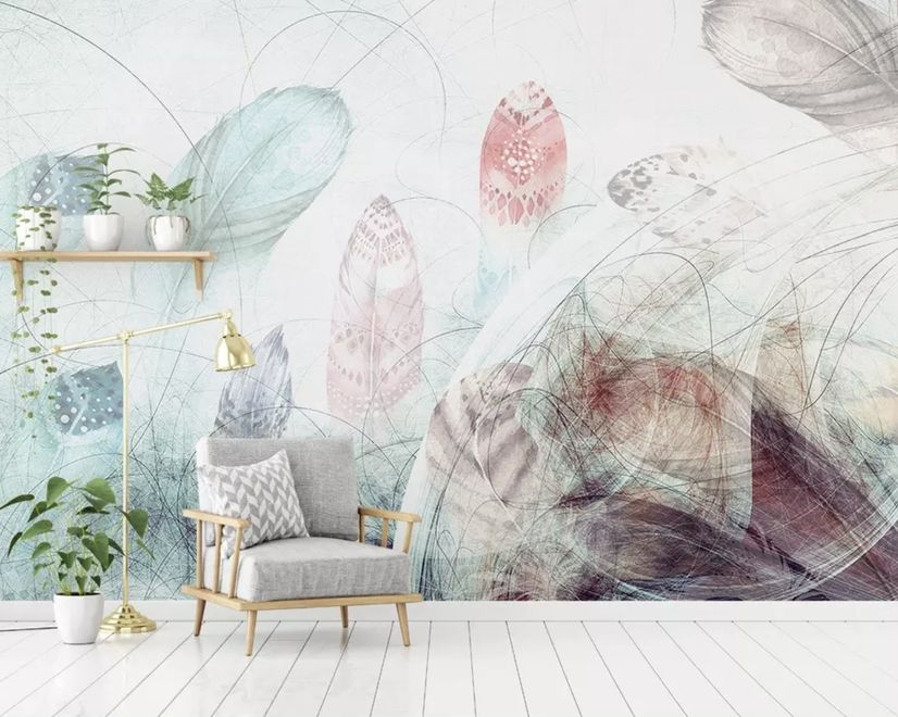 Soft Feathers with Abstract Lines Wallpaper Mural