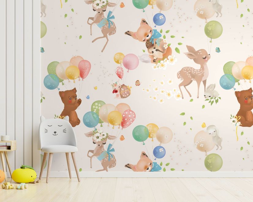 Cute Animals Flying with Hot Air Balloons Kids Wallpaper Mural