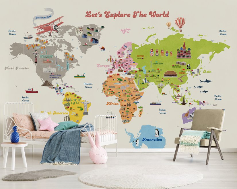 Papier Peint Panoramique Éducatif et Coloré pour Enfants avec Carte du Monde