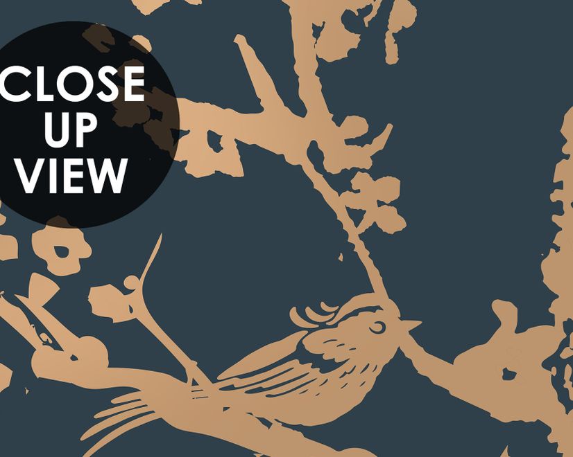 Gold Faux Tree Blossom Branch Silhouette with Birds Wallpaper Mural