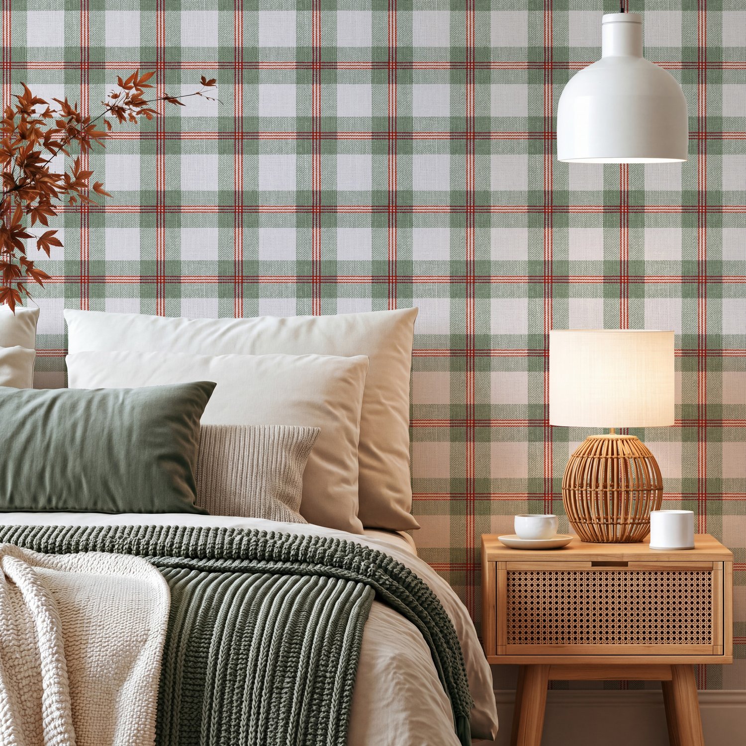 Vintage Sage Green Tartan Plaid Wallpaper - Peel and Stick