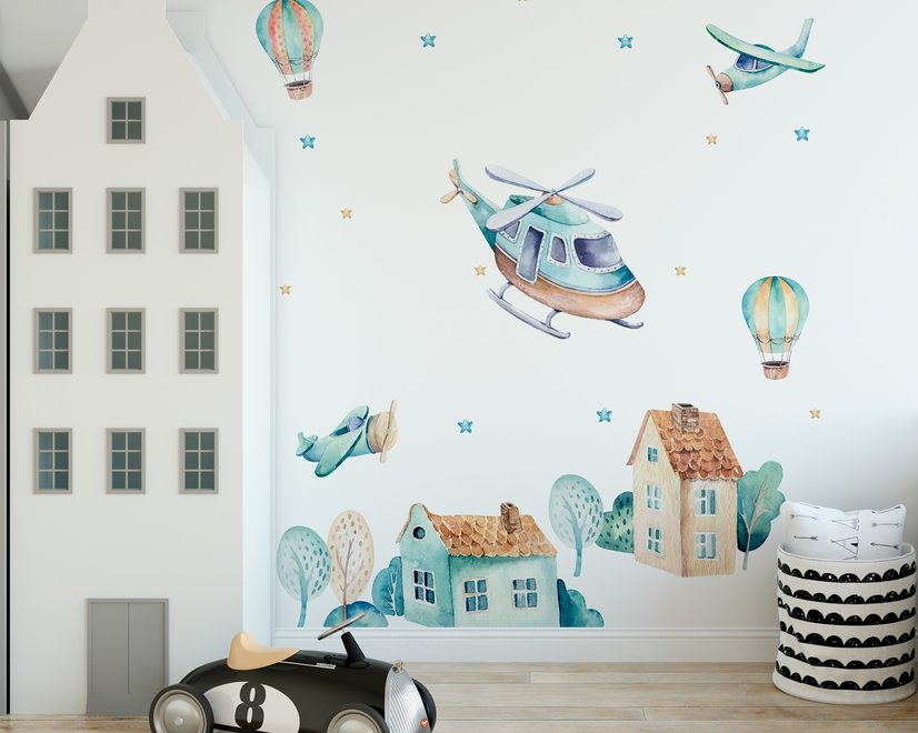 Kinder Cartoon Dorf für Jungen Wasserfarben Flugzeug und Heißluftballon Wandtattoo