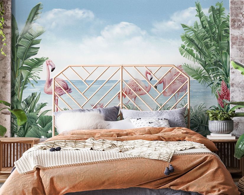Papier peint paysage tropical flamants roses