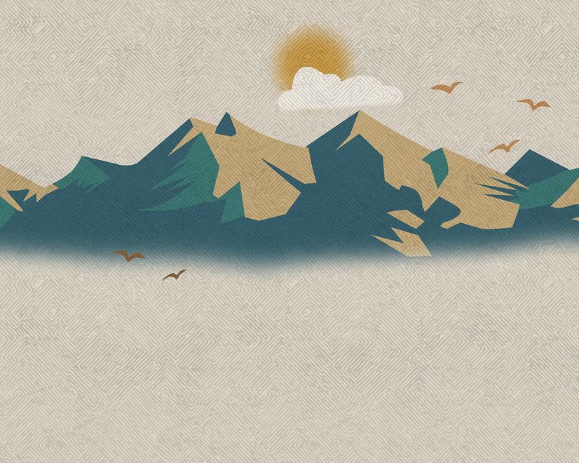 Mountain Sunrise Landscape and Old Plaid Texture Wallpaper Mural