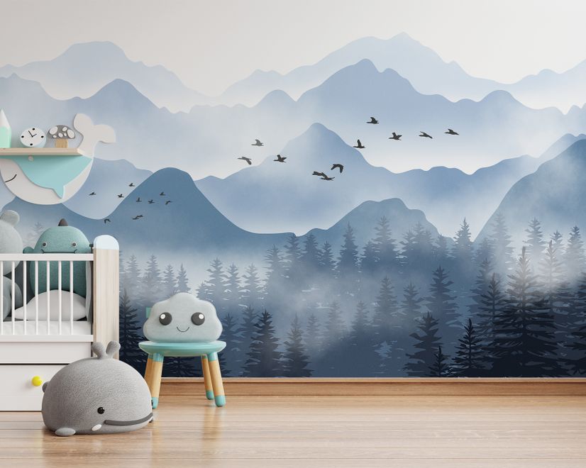 Monochrome Mountainscape with Misty Forest Wallpaper Mural