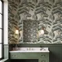 Vintage Japanese tree nature wallpaper with blue-grey canopies, willow foliage, birds and ivory-cream ground