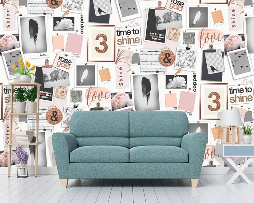 Bunte Fototapete mit Bildertafel