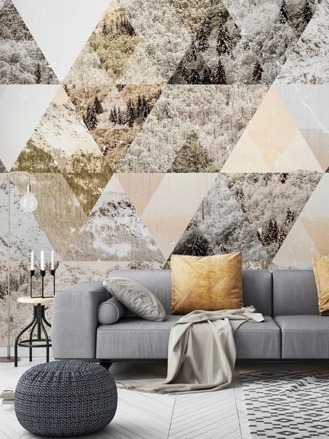 Papier peint panoramique géométrique avec motif de forêt