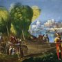 Papier peint panoramique paysage médiéval avec bateaux
