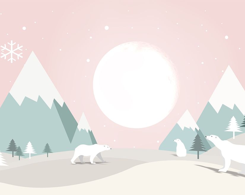 Kids Mountainscape with Cute Bears and Pink Skyscape Wallpaper Mural
