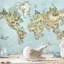 Watercolor Kids World Map with Soft Animals Wallpaper Mural
