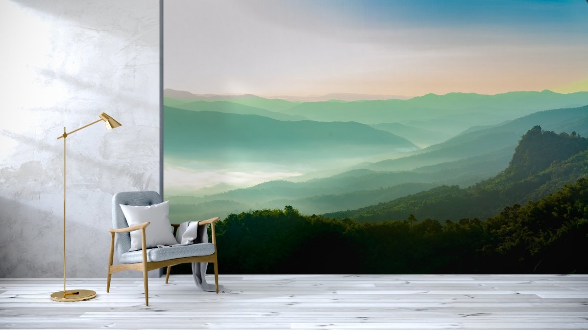 Misty Mountain Green Forest Scenic Wallpaper Mural - Peel and Stick