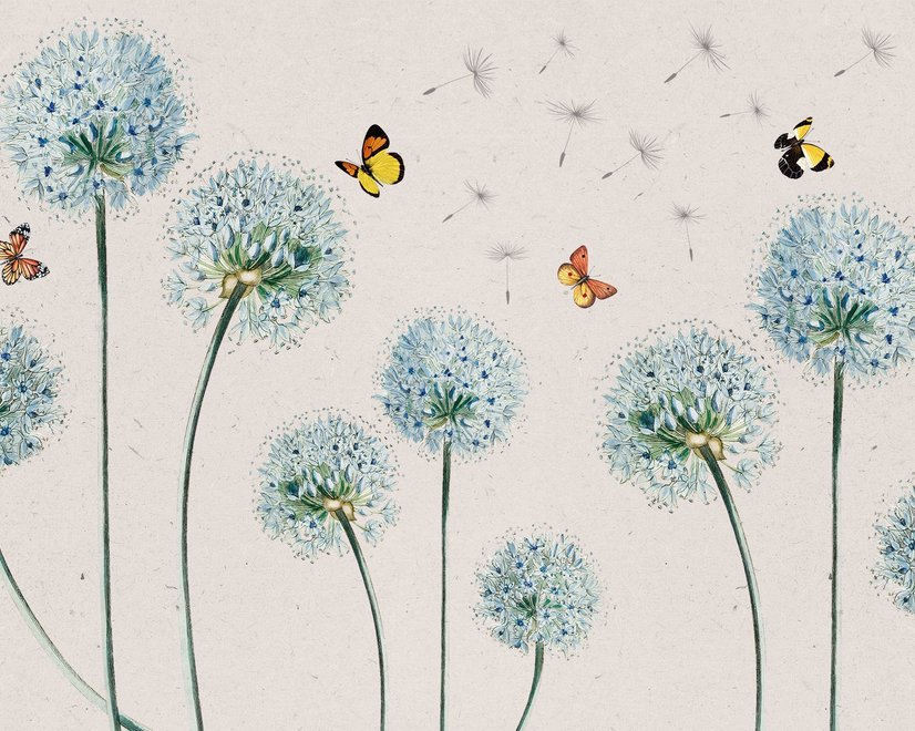 Papier peint pissenlit bleu et papillons jaunes